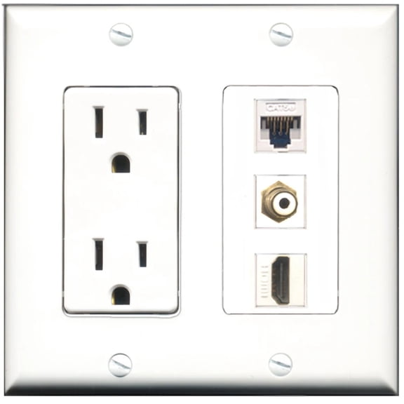 Ultra Spec Cables 15 Amp Power Outlet 1 Port HDMI RCA Cat5e Ethernet Wall Plate w/Female/Female Jacks