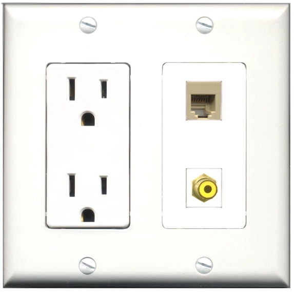 Ultra Spec Cables 15 Amp Power Outlet 1 Port RCA Yellow 1 Port Phone RJ11 RJ12 Beige Wall Plate
