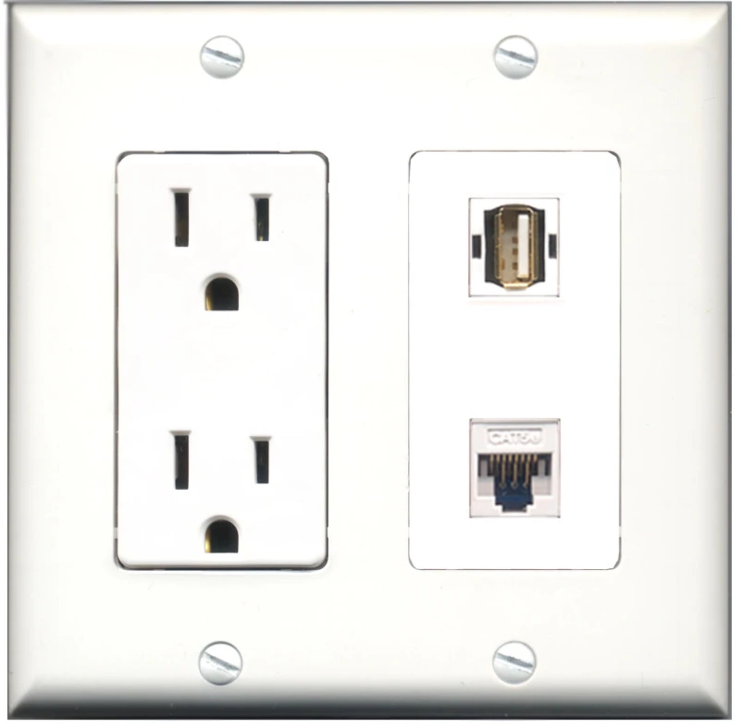 Ultra Spec Cables 15 Amp Power Outlet 1 Port USB A-A 1 Port Cat5e Wall Plate