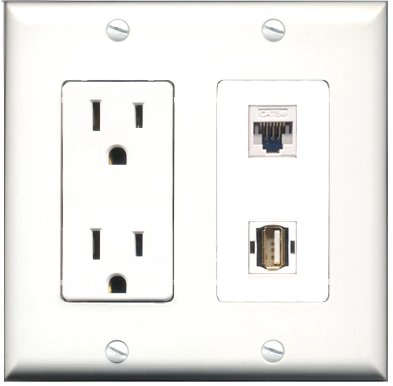 Ultra Spec Cables 15 Amp Power Outlet 1 Port USB A-A 1 Port Cat5e Wall Plate