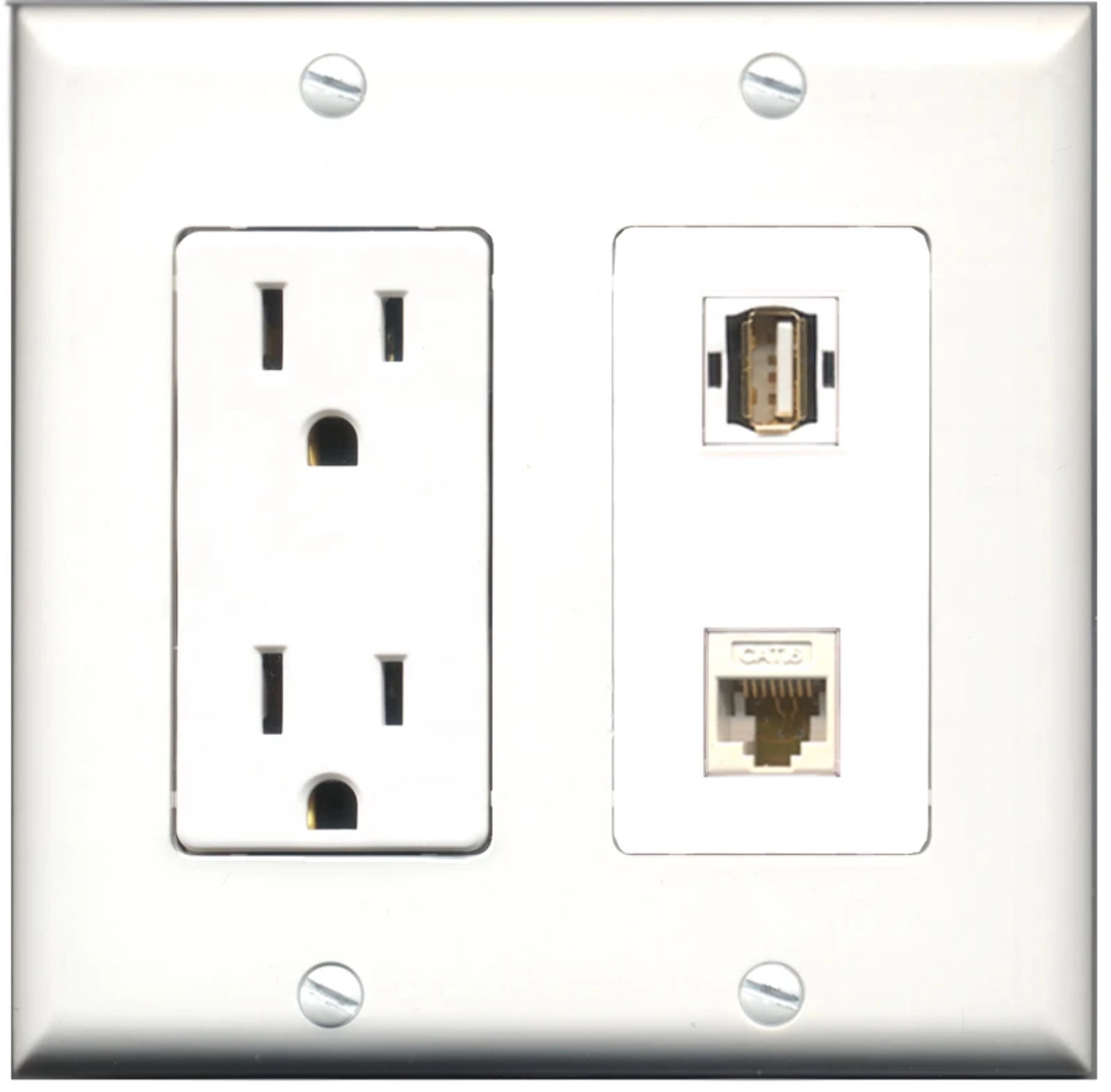 Ultra Spec Cables 15 Amp Power Outlet 1 Port USB A-A 1 Port Cat6 Wall Plate