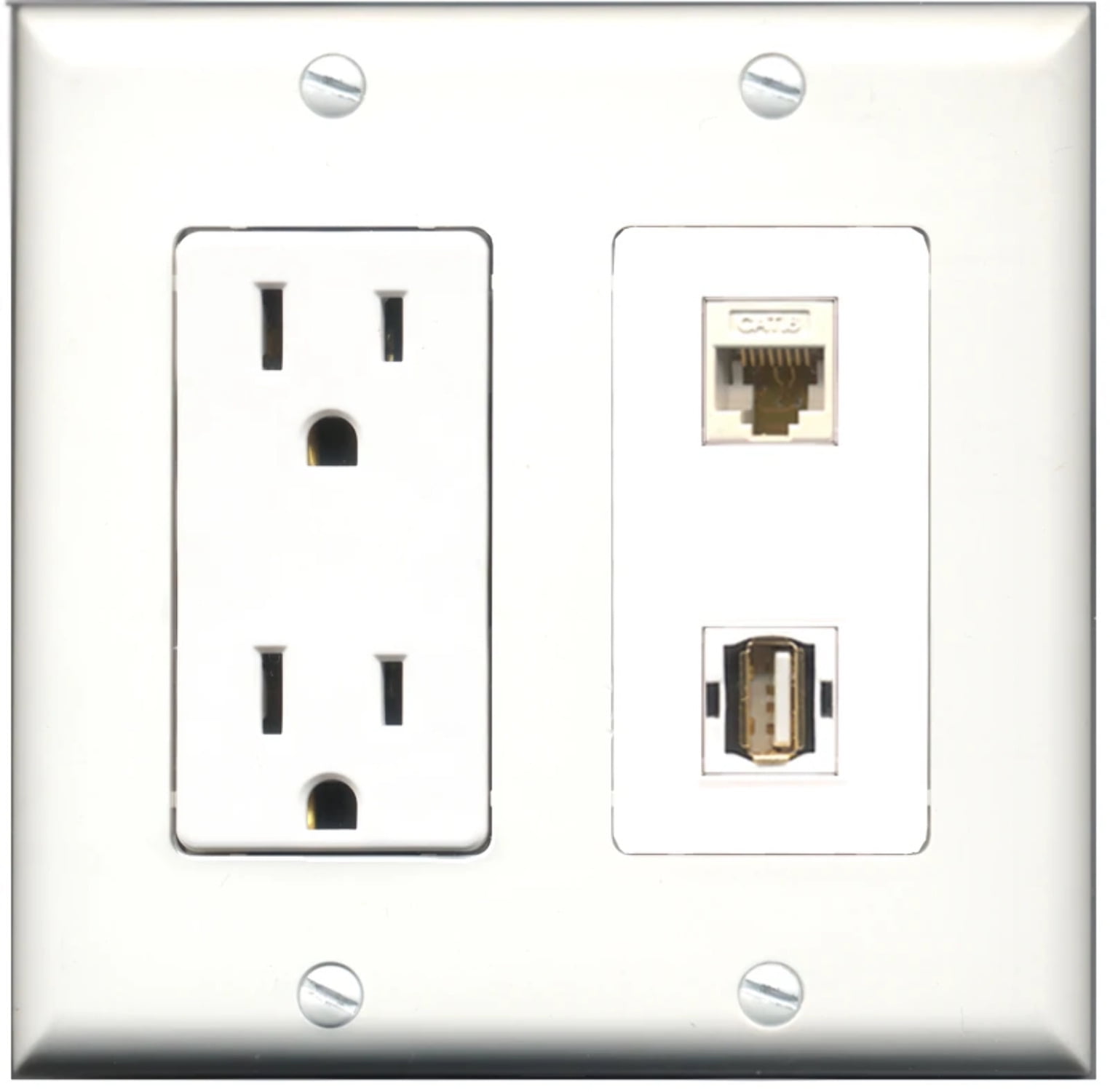 Ultra Spec Cables 15 Amp Power Outlet 1 Port USB A-A 1 Port Cat6 Wall Plate