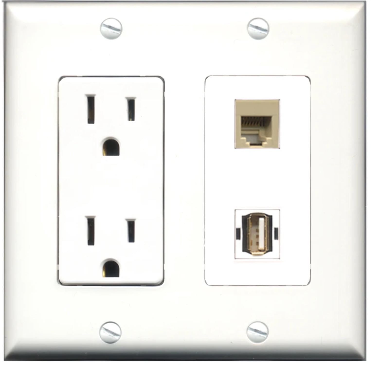 Ultra Spec Cables 15 Amp Power Outlet 1 Port USB A-A 1 Port Phone RJ11 RJ12 Beige Wall Plate
