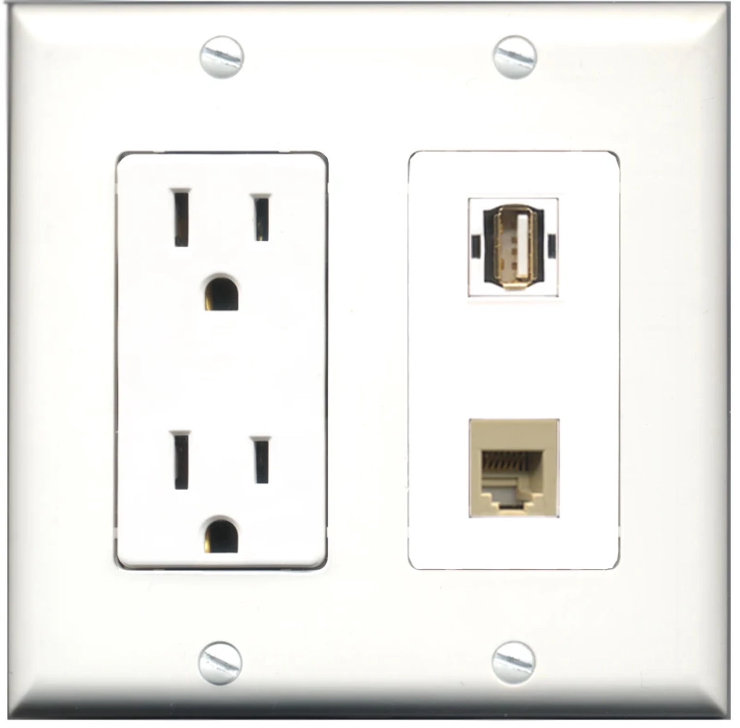 Ultra Spec Cables 15 Amp Power Outlet 1 Port USB A/A 3.0 Phone Wall Plate w/Female/Female Jacks