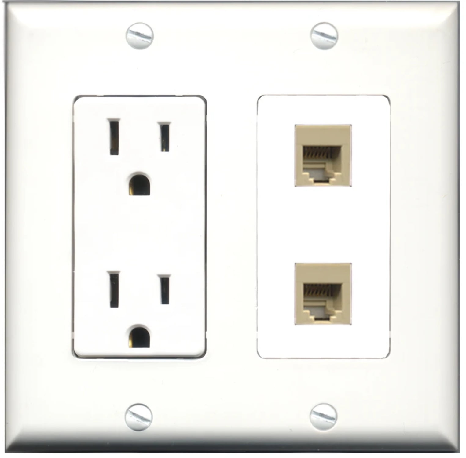 Ultra Spec Cables 15 Amp Power Outlet 2 Port Phone RJ11 RJ12 Beige Wall Plate
