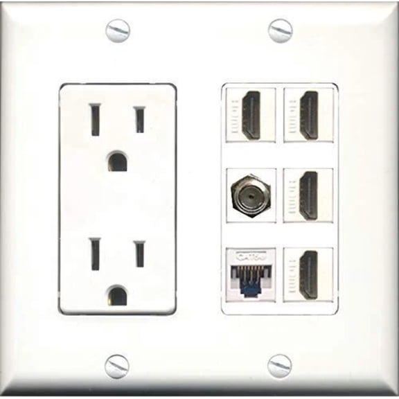 Ultra Spec Cables 15 Amp Power Outlet 4 Port HDMI Coax Cat5e Ethernet Wall Plate w/Female/Female Jacks