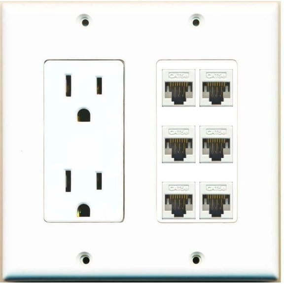 Ultra Spec Cables 15 Amp Power Outlet 6 Port Cat5e Ethernet F/F Jack Wall Plate