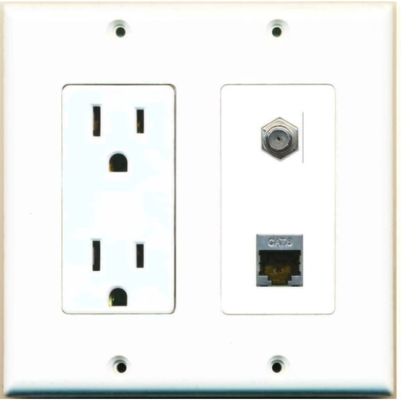 Ultra Spec Cables 15 Amp Power Outlet Coax Cable TV- F-Type Shielded Cat6 Ethernet Wall Plate