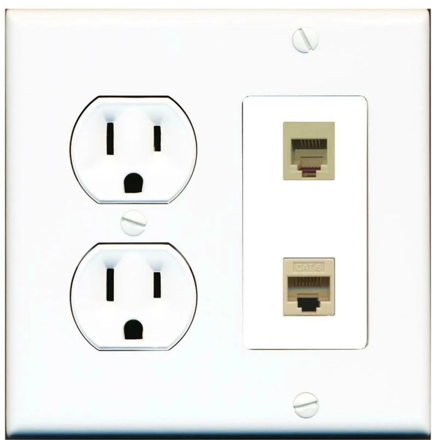 Ultra Spec Cables 15 Amp Round Power Outlet 1 Port Phone RJ11-12 1 Cat6 Ethernet Wall Plate