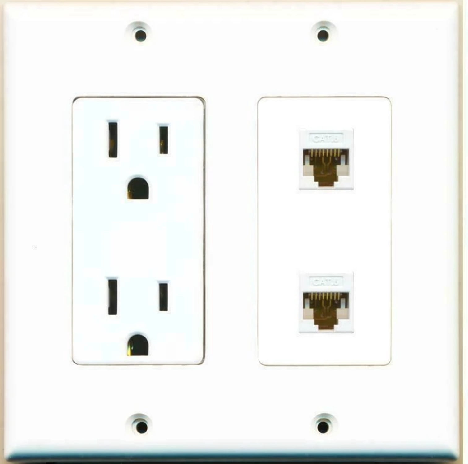 Ultra Spec Cables 2 Gang 15 Amp Duplex Power Outlet 2 Cat6 Coupler Wall Plate Hide Cables
