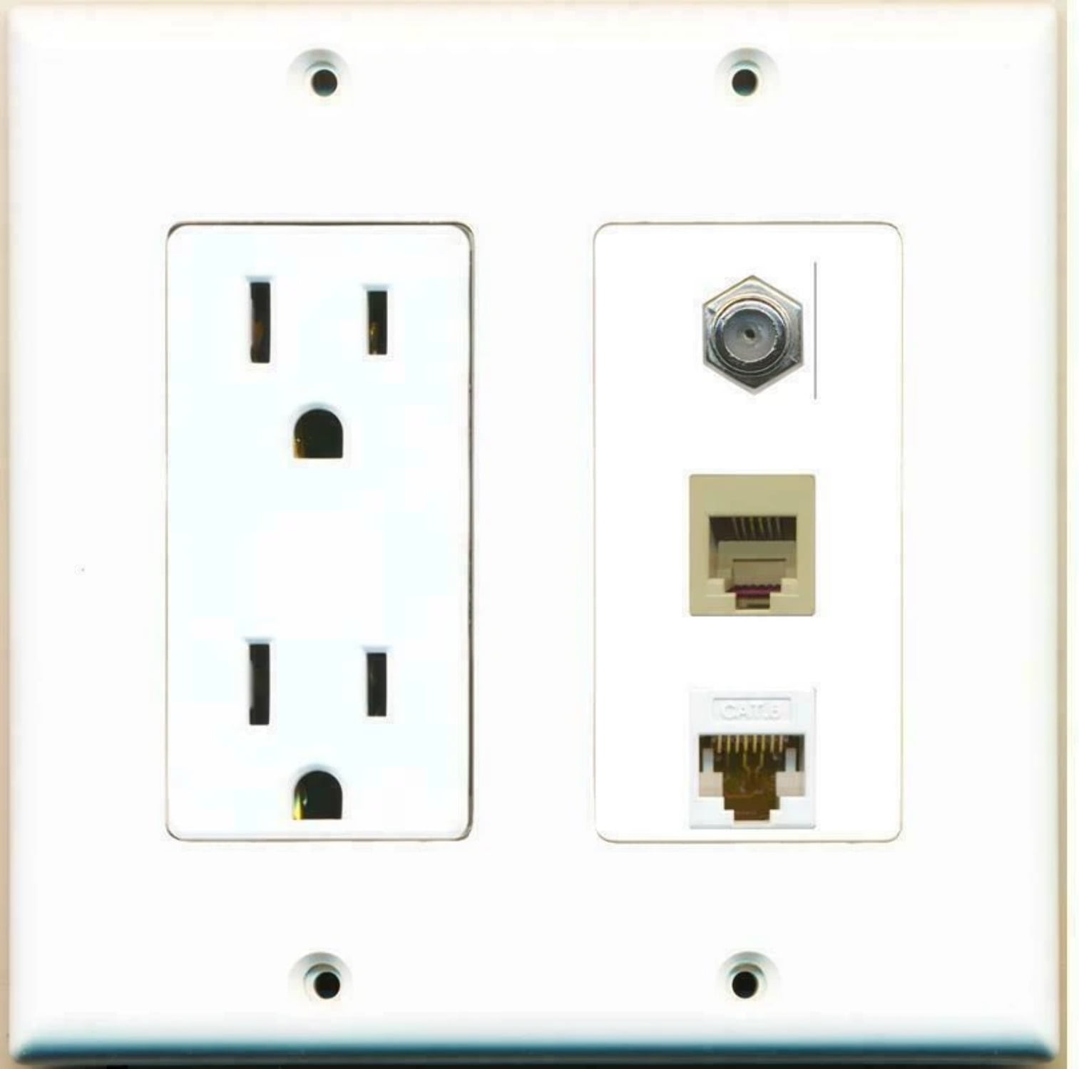 Ultra Spec Cables 2 Gang 15 Amp Duplex Power Outlet Coax Cable Cat6 Rj11-12 Phone Wall Plate