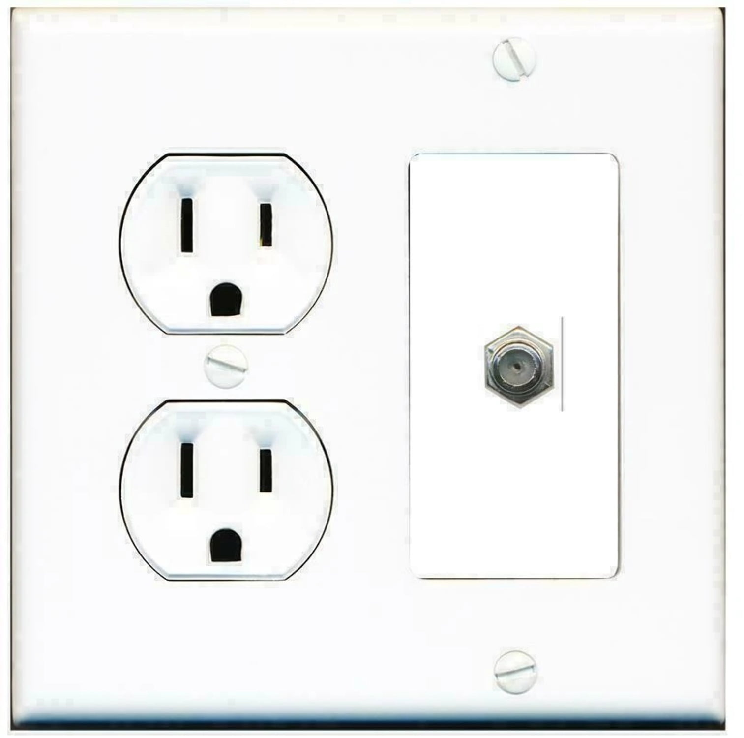 Ultra Spec Cables 2 Gang 15 Amp Duplex Round Power Outlet COAX Cable TV Coupler Wall Plate