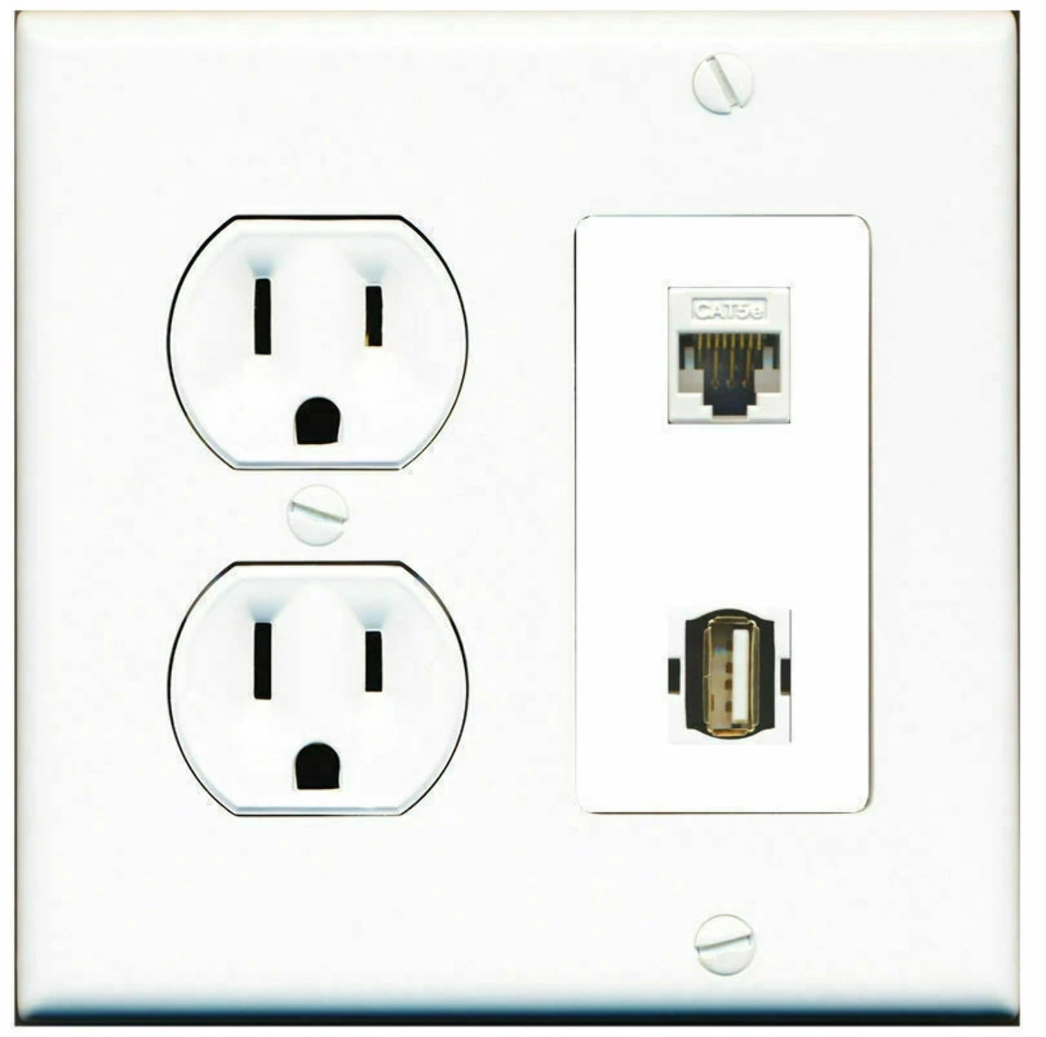 Ultra Spec Cables 2 Gang 15 Amp Round Power Outlet Cat5e USB A-A Combination Wall Plate