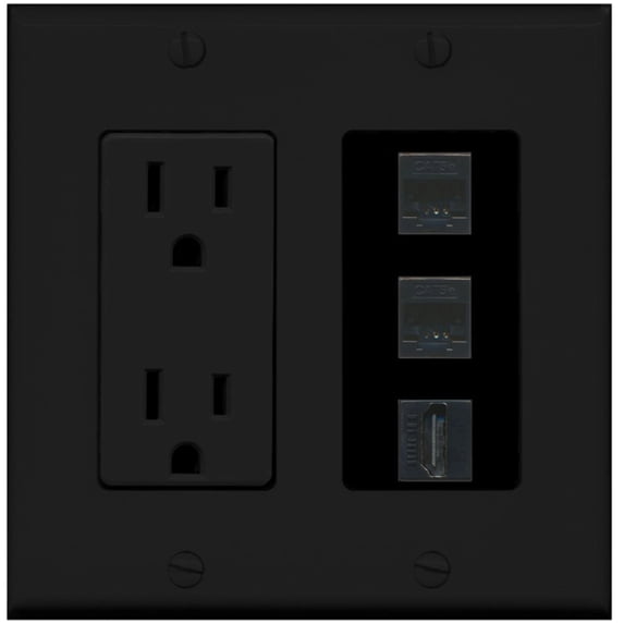Ultra Spec Cables 2 Port Cat5e Ethernet HDMI Wall Plate w/Power Outlet Black