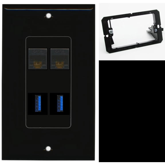 Ultra Spec Cables 2 Port Cat6 2 USB 3.0 A-A Wall Plate Black w/Mounting Bracket