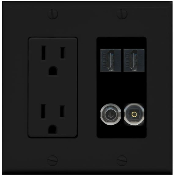 Ultra Spec Cables 2 Port HDMI 3.5mm Toslink-Optical Wall Plate w/Power Outlet Black