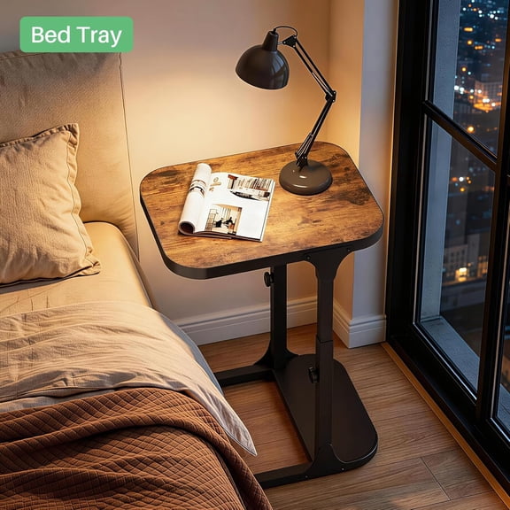 Ultra Stable Adjustable C-Shaped End Table with Metal Frame for Sofa Living Room Bedroom Rustic Brown
