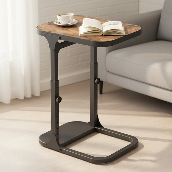 Ultra Stable & Durable End Table, Adjustable Height C Shaped Side Table for Couch, Sofa Side Table with Thickened Metal Frame for Living Room, Bedroom, Rustic