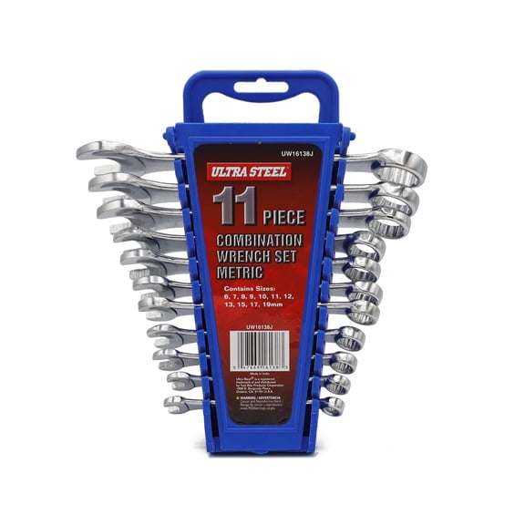 Ultra Steel 11-Piece Combination Wrench Set, Metric, 6MM, 7MM, 8MM, 9MM, 10MM, 11MM, 12MM, 13MM, 15MM, 17MM, 19MM, Wall Hanging Case Included