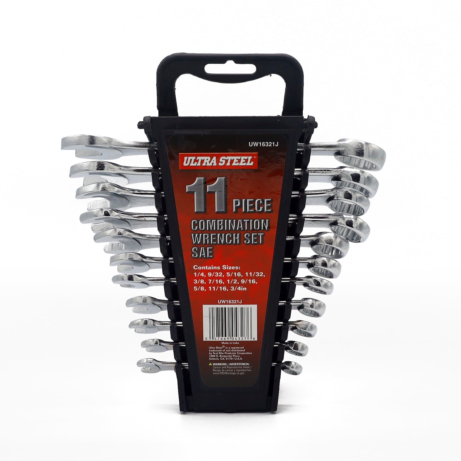 Ultra Steel 11-Piece Combination Wrench Set, SAE, 1/4" to 3/4", Chrome Finish, Wall Hanging Case