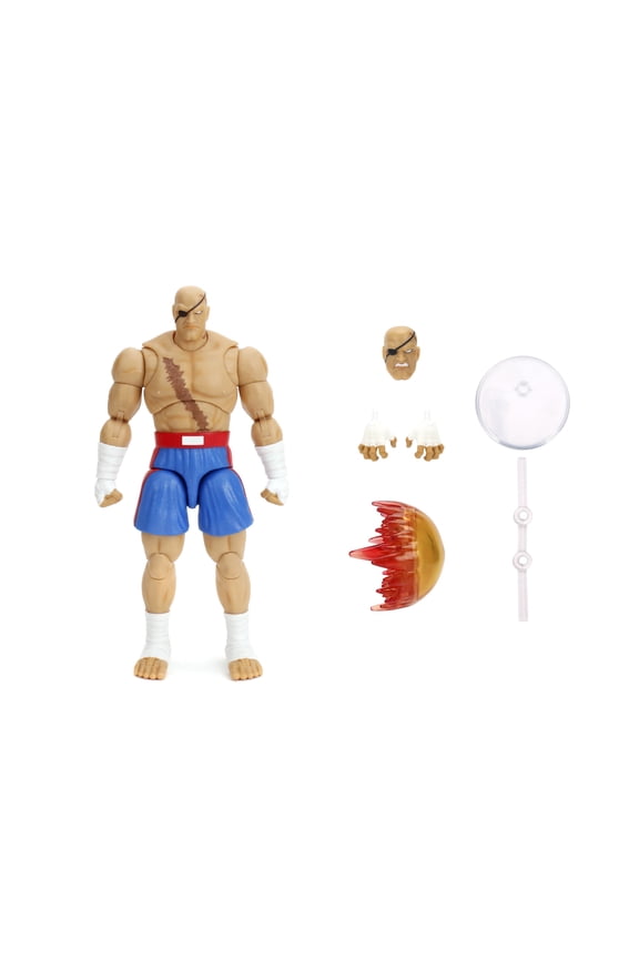 Street Fighter II Sagat Deluxe 1:12 Scale Action Figure by Jada Toys - Highly Articulated, Tiger Shot Accessory & Stand, 7.6" Tall