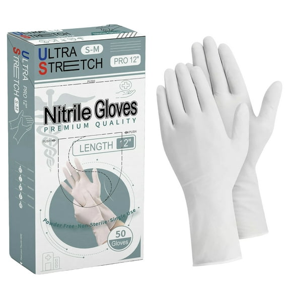 Ultra Stretch Professional 12 inch White Nitrile Exam Gloves, 7 Mil, Disposable Gloves, THE ORIGINAL Nitrile, Medical, Food Service, Cleaning, 50 Pieces/Box, X-Large
