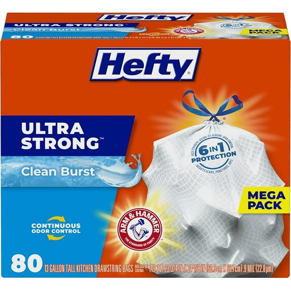Ultra Strong 13 Gallon Trash Bags, Tall Kitchen Trash Bags 13 Gallon Size, Drawstring Closure, Continuous Odor Control, White, Clean Burst Scent, 80 Bags