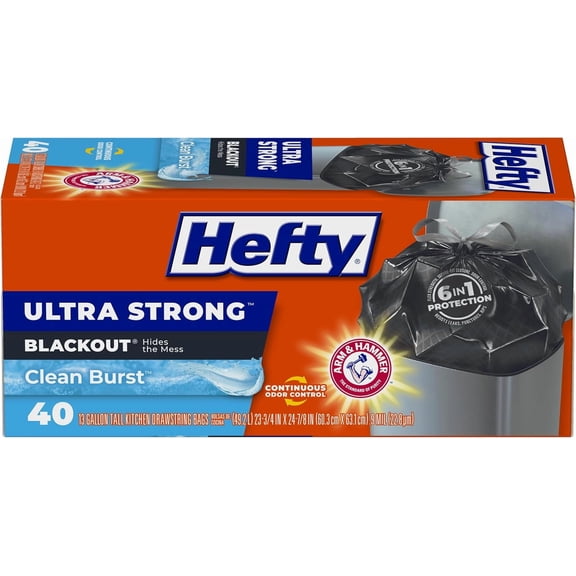 Ultra Strong 13 Gallon Trash Bags, Black Tall Kitchen Bags Size, Break Resistant Drawstring Enclosure, Continuous Odor Control, Blackout, Clean Burst Scent, 40