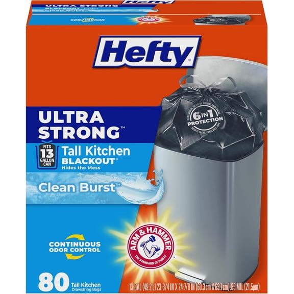Ultra Strong 13 Gallon Trash Bags, Black Tall Kitchen Trash Bags 13 Gallon Size, Break Resistant Drawstring Enclosure, Continuous Odor Control, Blackout, Clean Burst Scent, 80 Bags
