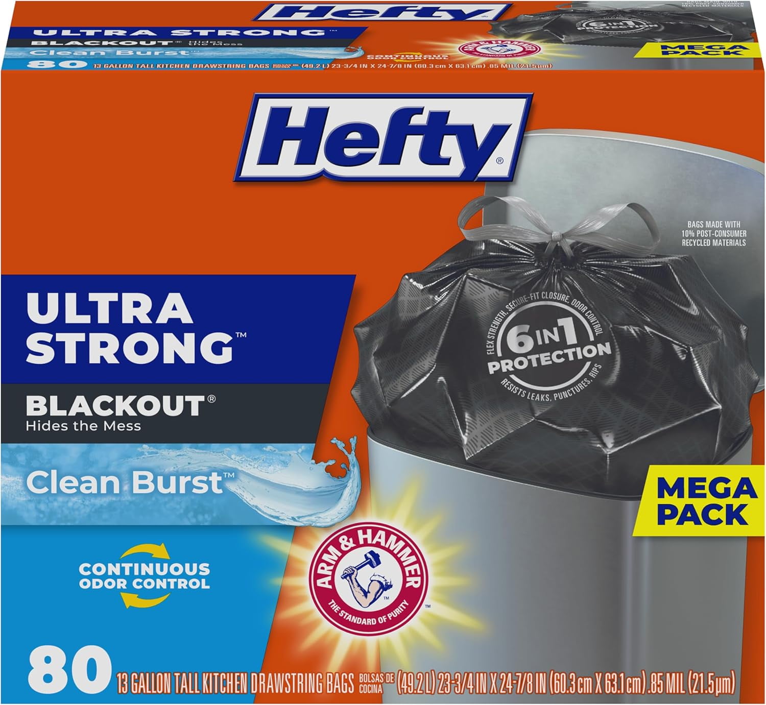 Ultra Strong Trash Bags, Black Tall Kitchen Bags 13 Gallon Size, Break Resistant Drawstring Enclosure, Continuous Odor Control, Blackout, Clean Burst Scent, 80