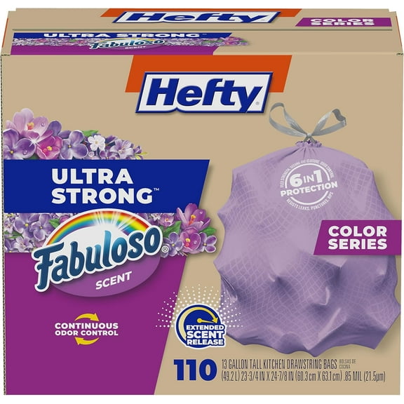 Ultra Strong 13 Gallon Trash Bags, Tall Kitchen Trash Bags 13 Gallon Size, Resist Leaks, Punctures, and Rips, Continuous Odor Control, Purple, Fabuloso Scent, 110 Bags