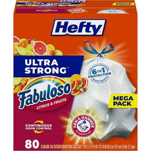 Ultra Strong 13 Gallon Trash Bags, Tall Kitchen Trash Bags 13 Gallon Size, White, Fabuloso Citrus & Fruits Scent, 80 Bags