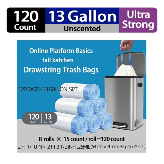 Ultra Strong 13 gallon Trash Bags, Tall Kitchen Garbage Bags, White,No Odor,Unscented, 120 Bags
