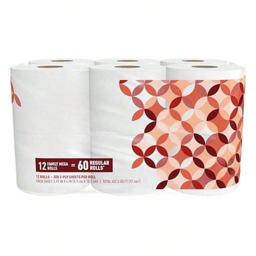 Ultra-Strong 2-Ply Toilet Paper, 12 Mega Rolls = 60 Regular Rolls, 308 Sheets Per Roll, Unscented