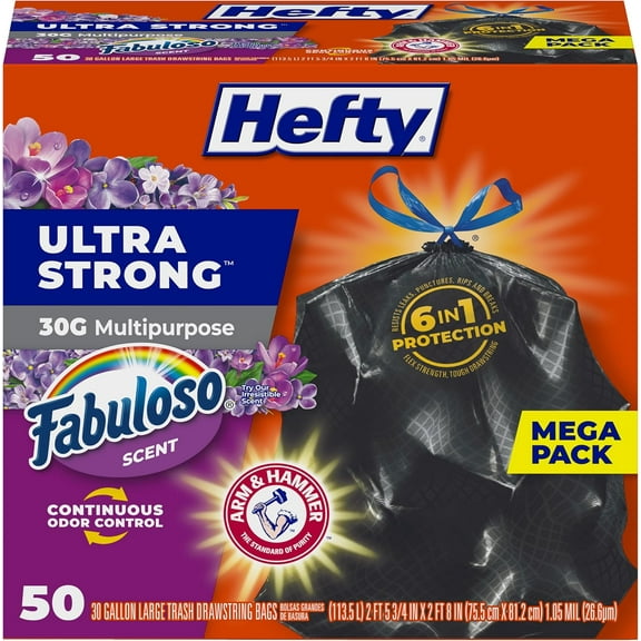 Ultra Strong 30 Gallon Trash Bags, Large Trash Bags 30 Gallon Size, Multipurpose, Break Resistant Drawstring Closure, Resists Leaks, Punctures, and Tears, Black, Fabuloso Scent, 50 Bags