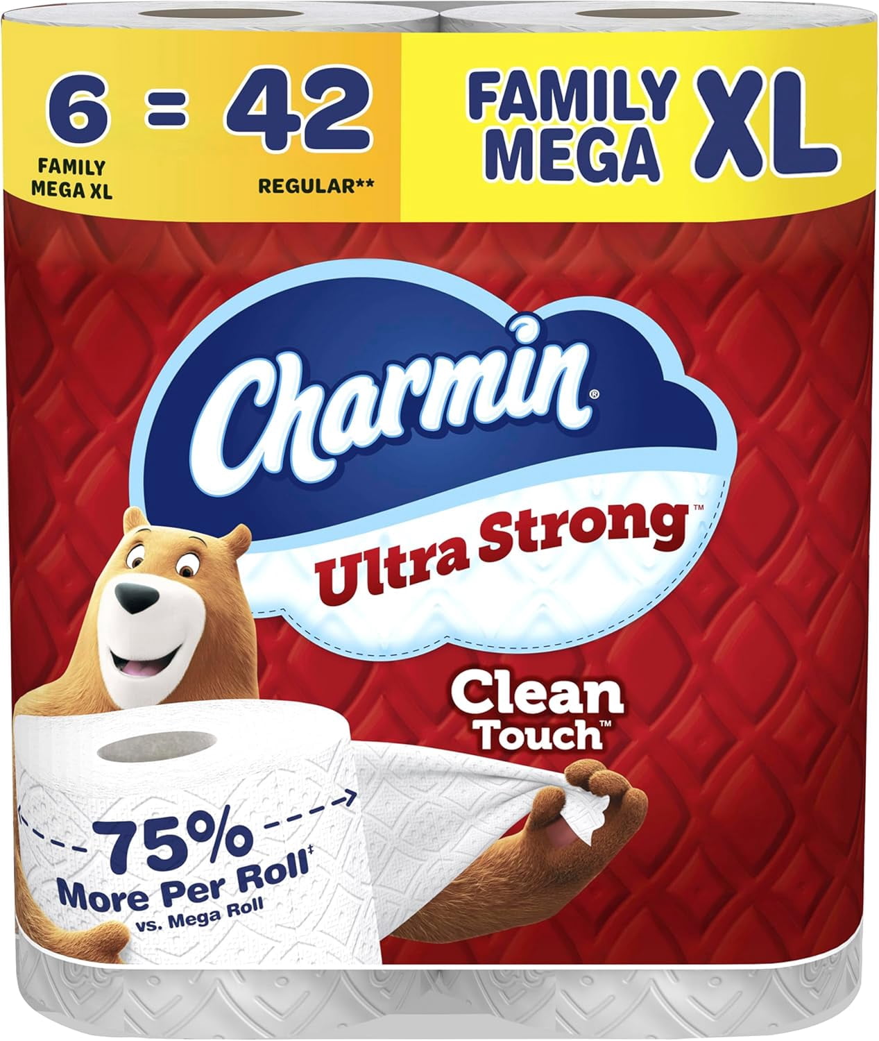 Ultra Strong Clean Touch Toilet Paper, 6 Family Mega XL Rolls = 42 Regular Rolls