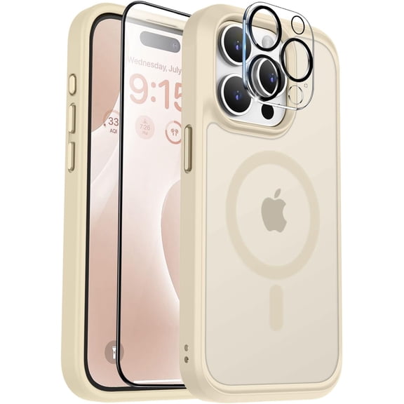Ultra Strong Magnetic for iPhone 15 Pro Case, [Compatible with Magsafe] [Camera Protector] Slim Translucent Matte Shockproof Case for iPhone 15 Pro Case 6.1 inch, Light Gold