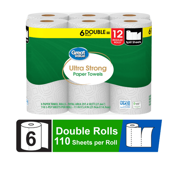 Ultra Strong Paper Towels, 6 Double Rolls