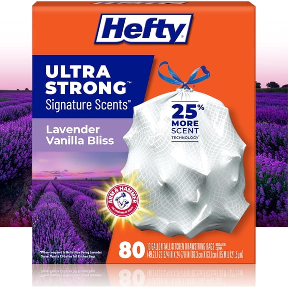 Ultra Strong Signature Scents 13 Gallon Trash Bags, Lavender Vanilla Bliss Scent, Tall Kitchen Trash Bags with 25% More Scent Technology, White, 80 Count