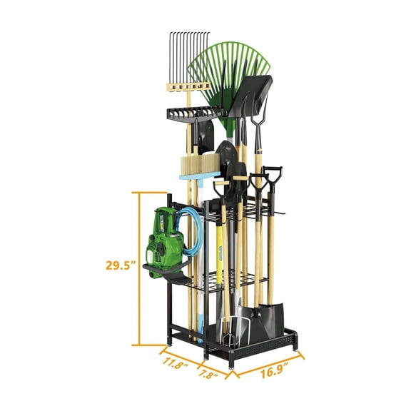 Ultra-Sturdy Garden Tool Organizer Rack - Heavy Duty Metal Stand with 8 Hooks for Long-Handled Tools - Holds Brooms, Shovels, Rakes & Yard Equipment - Garage & Shed Storage Solution