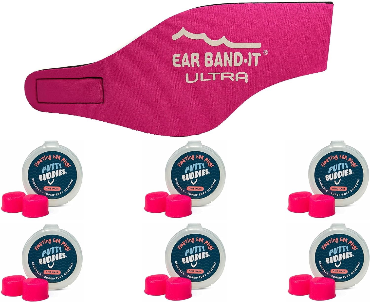 Ultra Swimming Headband with Putty Buddies Earplugs 6 Pairs of Soft Silicone Premium Ear Plugs