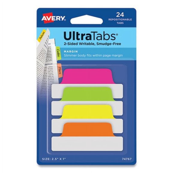 Ultra Tabs Repositionable Margin Tabs, 1/5-Cut Tabs, Assorted Neon, 2.5" Wide, 24/pack | Bundle of 2 Packs
