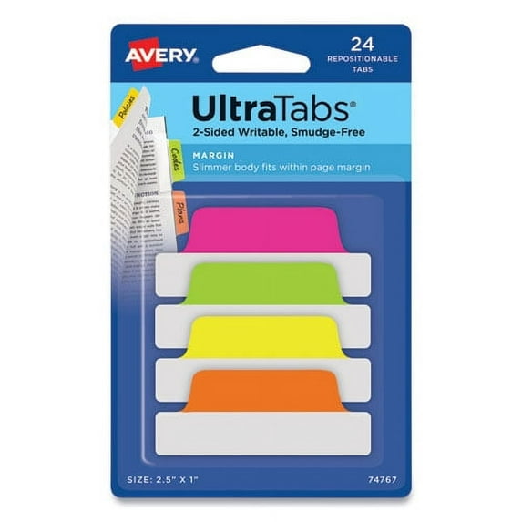 Ultra Tabs Repositionable Margin Tabs, 1/5-Cut Tabs, Assorted Neon, 2.5" Wide, 24/pack | Bundle of 2 Packs