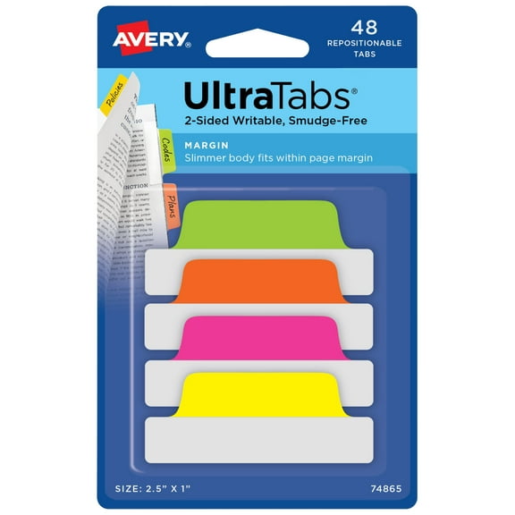 Ultra Tabs Repositionable Margin Tabs, 1/5-Cut Tabs, Assorted Neon, 2.5" Wide, 48/pack | Bundle of 5 Packs