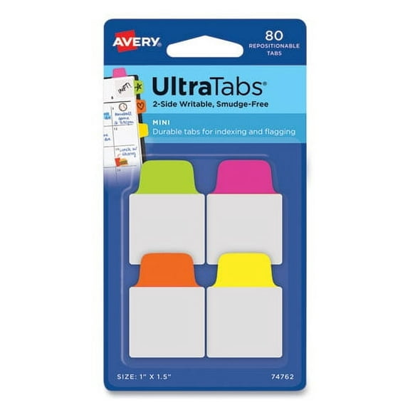Ultra Tabs Repositionable Mini Tabs, 1/5-Cut Tabs, Assorted Neon, 1" Wide, 80/pack | Bundle of 2 Packs