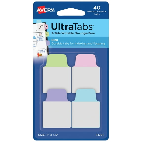 Ultra Tabs Repositionable Mini Tabs, 1/5-Cut Tabs, Assorted Pastels, 1" Wide, 40/pack | Bundle of 5 Packs
