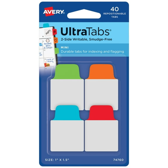 Ultra Tabs Repositionable Mini Tabs, 1/5-Cut Tabs, Assorted Primary Colors, 1" Wide, 40/pack | Bundle of 5 Packs