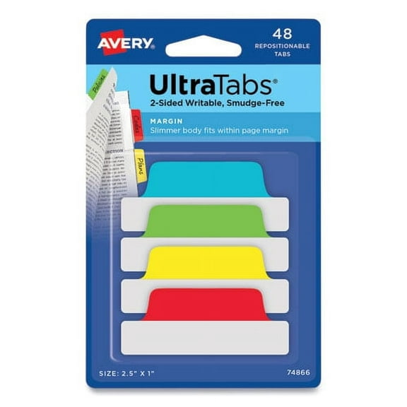 Ultra Tabs Repositionable Tabs, Margin Tabs: 2.5" x 1", 1/5-Cut, Assorted Colors, 48/Pack | Bundle of 10 Packs