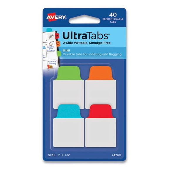 Ultra Tabs Repositionable Tabs, Mini Tabs: 1" x 1.5", 1/5-Cut, Assorted Colors, 40/Pack | Bundle of 10 Packs