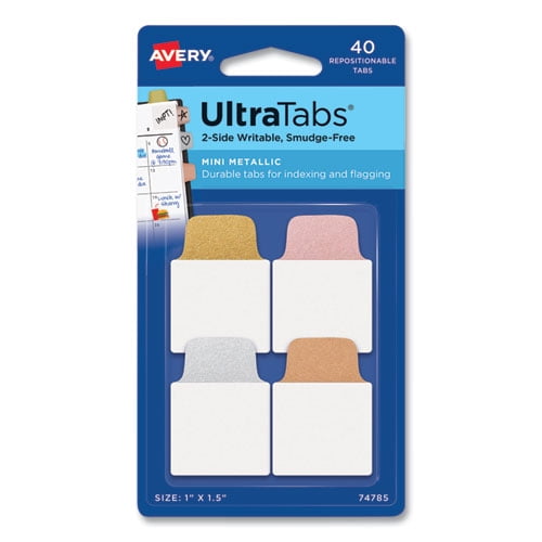 "Ultra Tabs Repositionable Tabs, Mini Tabs: 1"" x 1.5"", 1/5-Cut, Assorted Metallic Colors, 1"" Wide, 40/Pack | Bundle of 10 Packs"